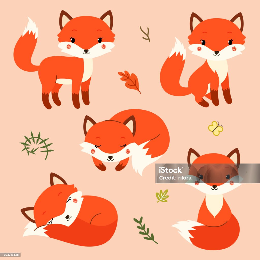 Série de dessin animé mignon renards dans modern style plat simple. - clipart vectoriel de Renard libre de droits