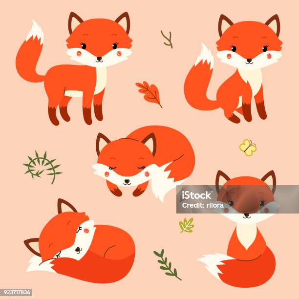 Série De Dessin Animé Mignon Renards Dans Modern Style Plat Simple Vecteurs libres de droits et plus d'images vectorielles de Renard