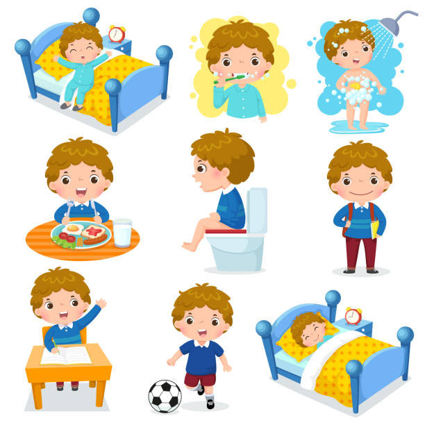 ilustraciones, imágenes clip art, dibujos animados e iconos de stock de actividades de rutina diaria para niños con chico lindo - rutina