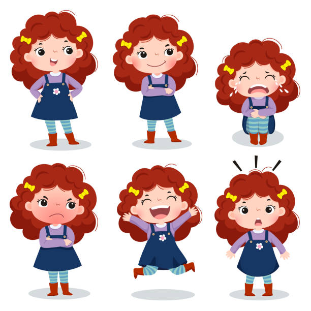 urocza kręcona czerwona dziewczyna pokazująca różne emocje - kręcone włosy stock illustrations