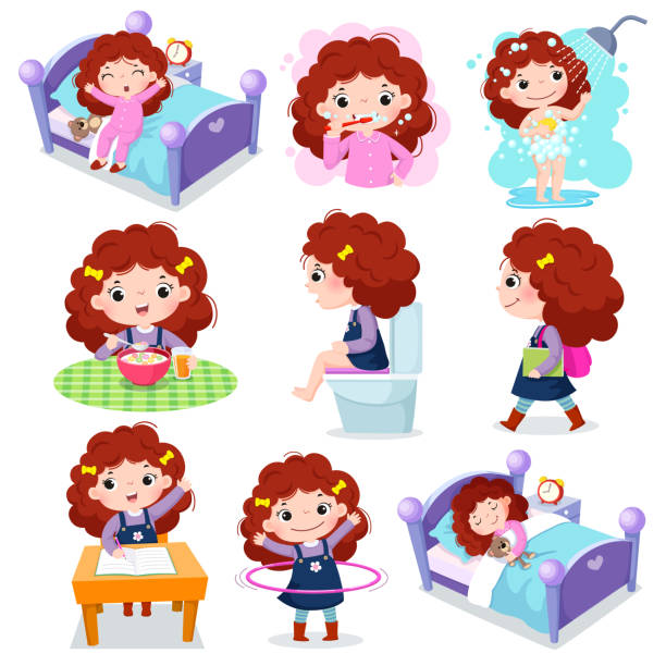 tägliche routine-aktivitäten für kinder mit niedlichen mädchen - routine stock-grafiken, -clipart, -cartoons und -symbole