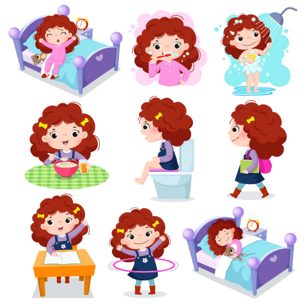 Daily routine activities for kids with cute girl Illustration of daily routine activities for kids with cute girl eating breakfast stock illustrations