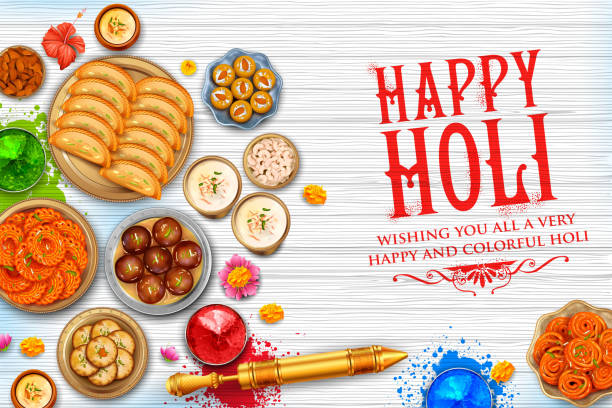Powder color gulal and gujiya sweet with thandai for Happy Holi Background illustration of colorful gulal (powder color) and gujiya sweet with thandai for Happy Holi Background holi stock illustrations
