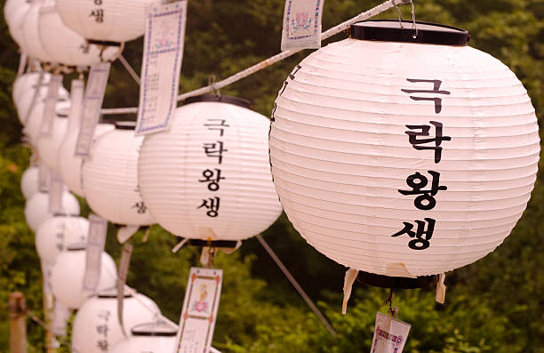 Korean lanterns and wishing leaves hanging ceiling-like, vibrant with rich colors and intricate details at a traditional festival