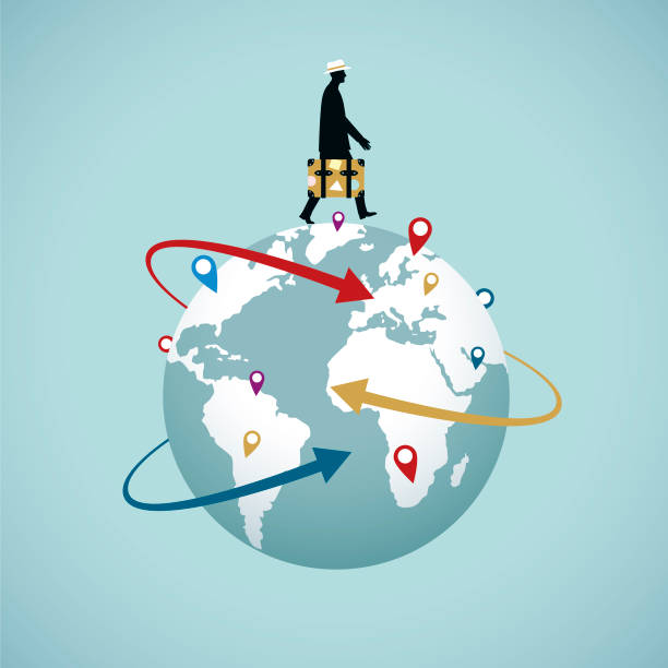 World Travel A man holding a suitcase travels the world, walking on a globe. tourist site stock illustrations