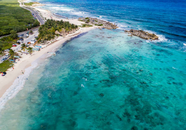 Chen Rio Beach Aerial view of Chen Rio beach in Cozumel. cozumel photos stock pictures, royalty-free photos & images