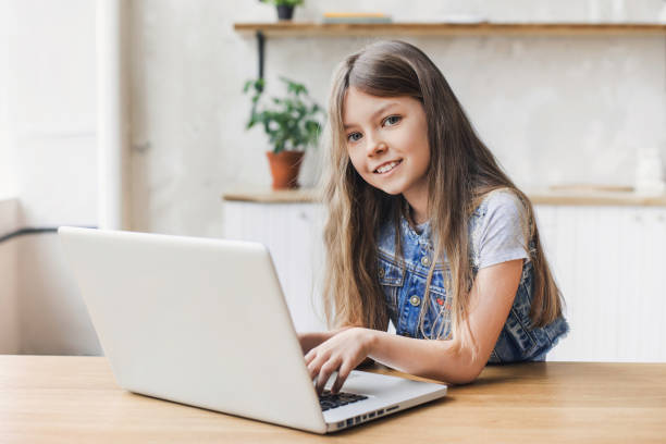 istock Little girl using laptop computer at home 923729430