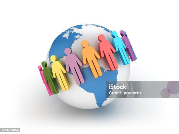 Pictogram Teamwork With Globe World 3d Rendering Stock Photo - Download Image Now - Circle, Global Business, People
