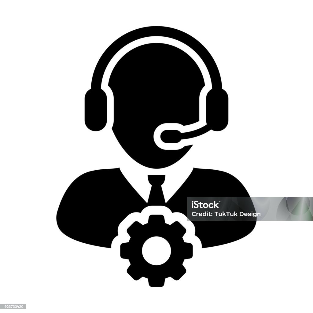 Service-Symbol Vektor männliche Bediener Person Profil Avatar mit Kopfhörer und Zahnrad Zahnradsymbol für industrielle Unternehmen Unterstützung bei der Glyphe Piktogramm - Lizenzfrei Icon Vektorgrafik