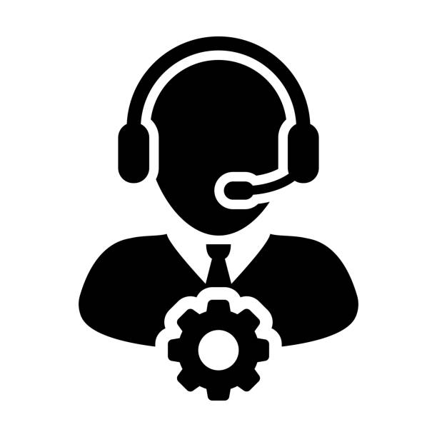 ilustrações de stock, clip art, desenhos animados e ícones de service icon vector male operator person profile avatar with headset and gear cog symbol for industrial business support in glyph pictogram - one serving