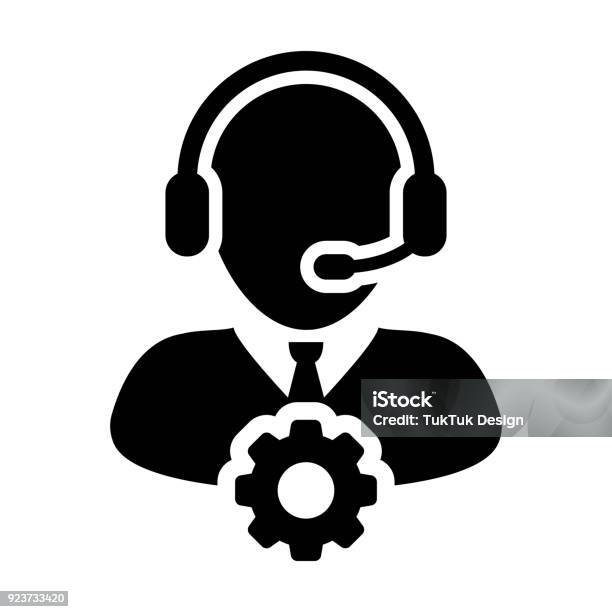 Service Icon Vector Male Operator Person Profile Avatar With Headset And Gear Cog Symbol For Industrial Business Support In Glyph Pictogram Stock Illustration - Download Image Now