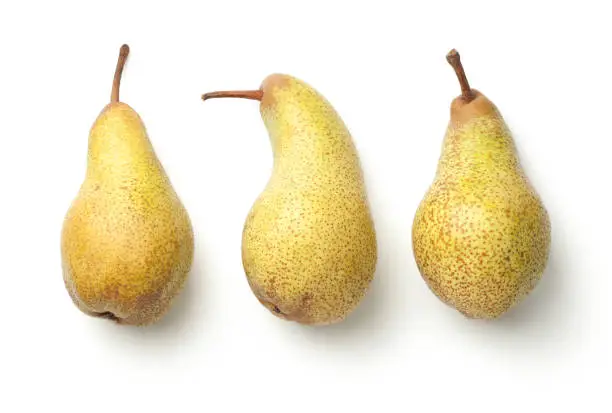 Pears isolated on white background. Abate fetel pear. Top view