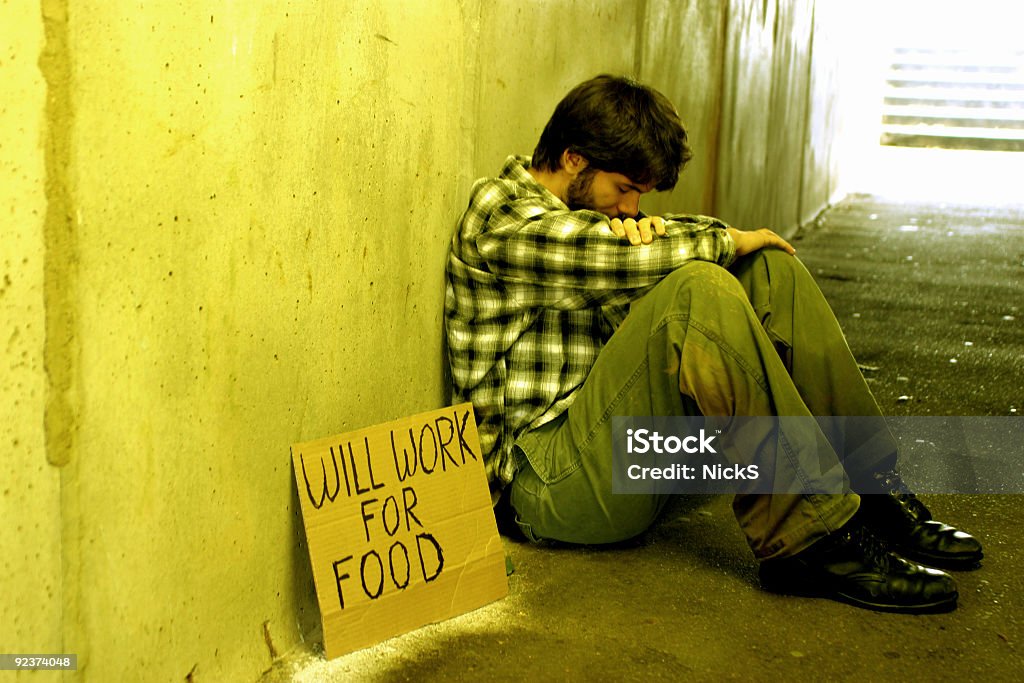 Homeless) gespendet - Lizenzfrei Work for Food - englischer Satz Stock-Foto