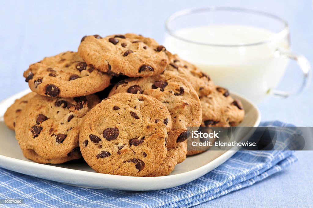 Milk and chocolate chip cookies  Baked Stock Photo