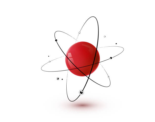 roten atom mit kern, bahnen und elektronen isoliert auf weißem hintergrund - abstract chemical science electronics industry stock-grafiken, -clipart, -cartoons und -symbole