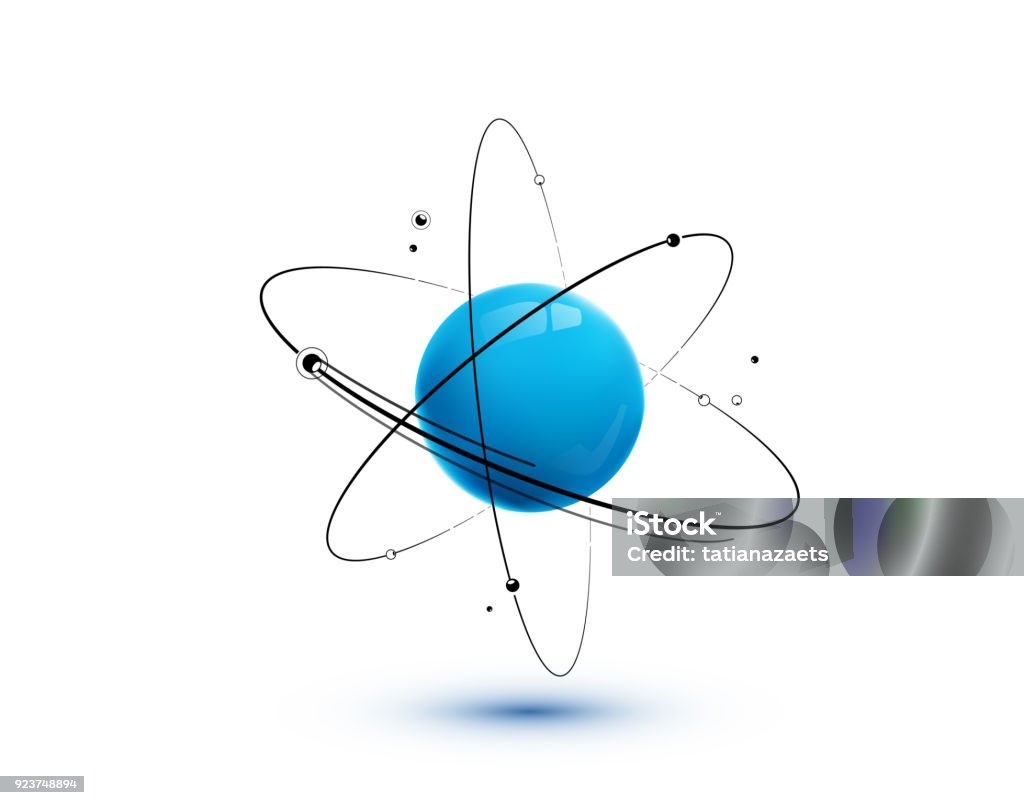 Atom with core, orbits and electrons isolated on white background Atom with core, orbits and electrons isolated on white background. 3D nuclear chemistry technology concept. Molecule model. Vector illustration Atom stock vector