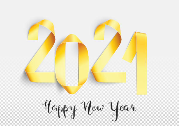 ilustrações de stock, clip art, desenhos animados e ícones de realistic new year 2021 card with hand-written text - handmade gold painted strips bent into numbers shapes - 0 1 year