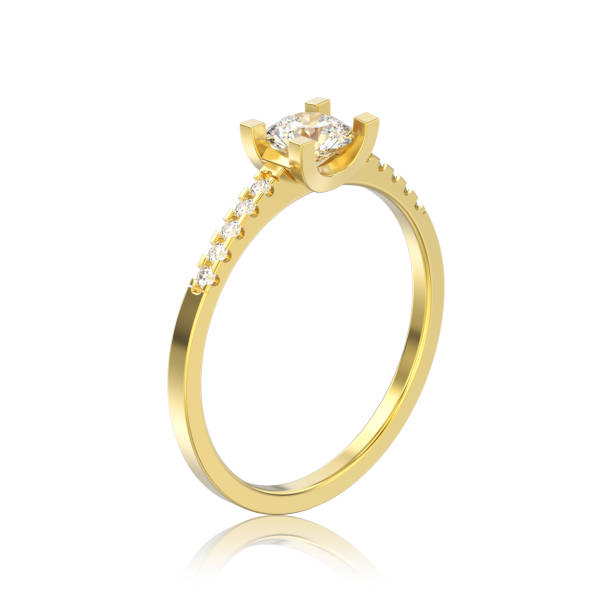 istock 3D illustration isolated yellow gold engagement round cut shape ring with diamond with reflection 923756688