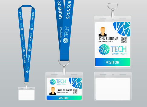 Vector illustration of lanyard. Blue ribbon Example of label with design. Labels of different sizes. Lanyard with plastic label. Place for branding design