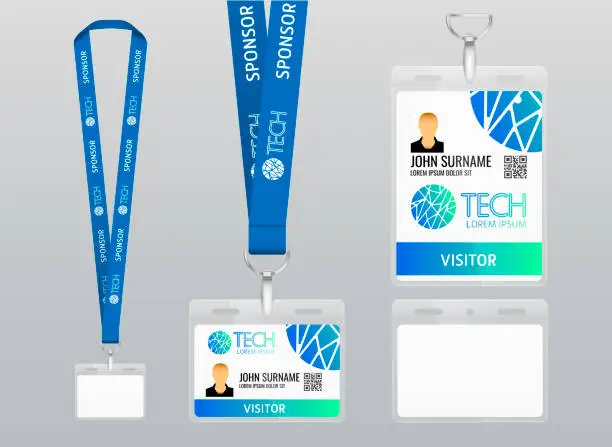 Vector illustration of Lanyard design. Identification card with ribbon. Metal closure and card with plastic. Accreditation for events, meetings, congresses and companies.