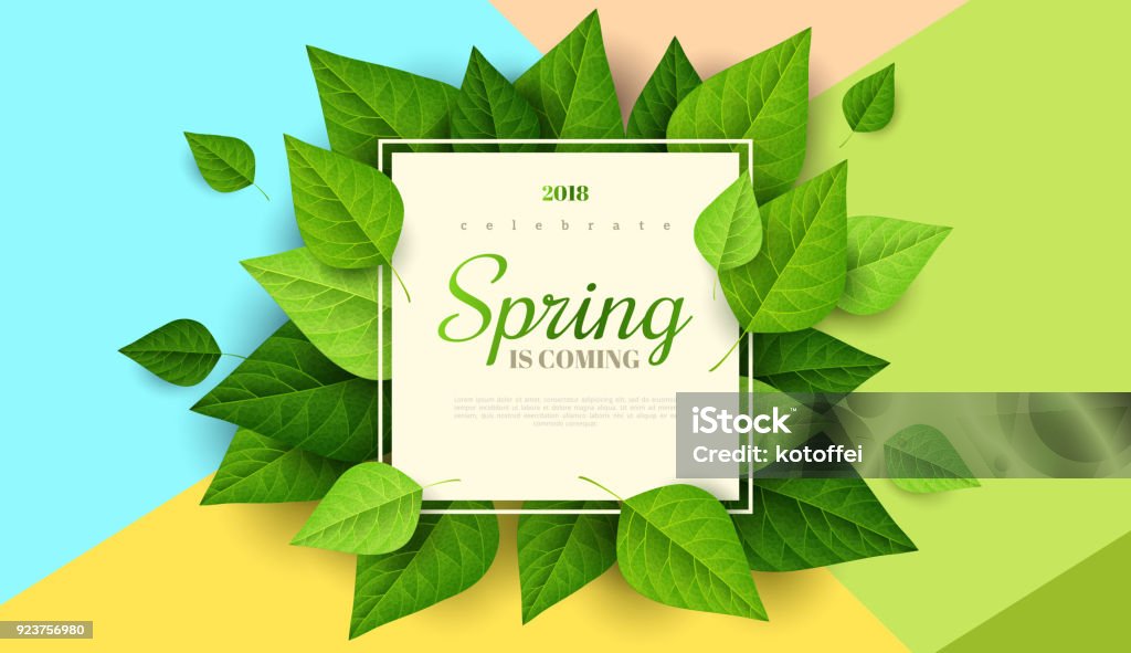 Spring background with green leaves Spring background with green leaves and square frame on trendy geometric backdrop. Vector illustration. Fresh template design for posters, flyers, brochures or vouchers. Springtime stock vector