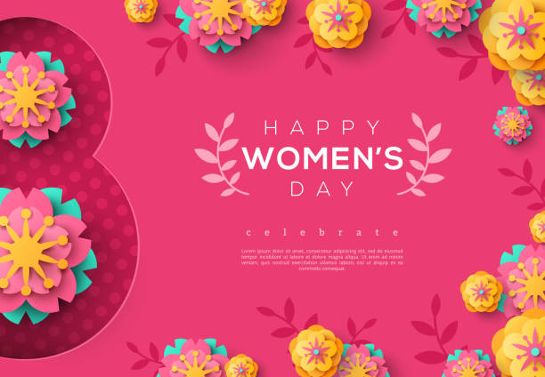 International Women day pink banner International Women's day pink banner with paper cut flowers and leaves, floral pattern. March 8. Greeting card, flyer or brochure template. Vector illustration. womens day flowers stock illustrations