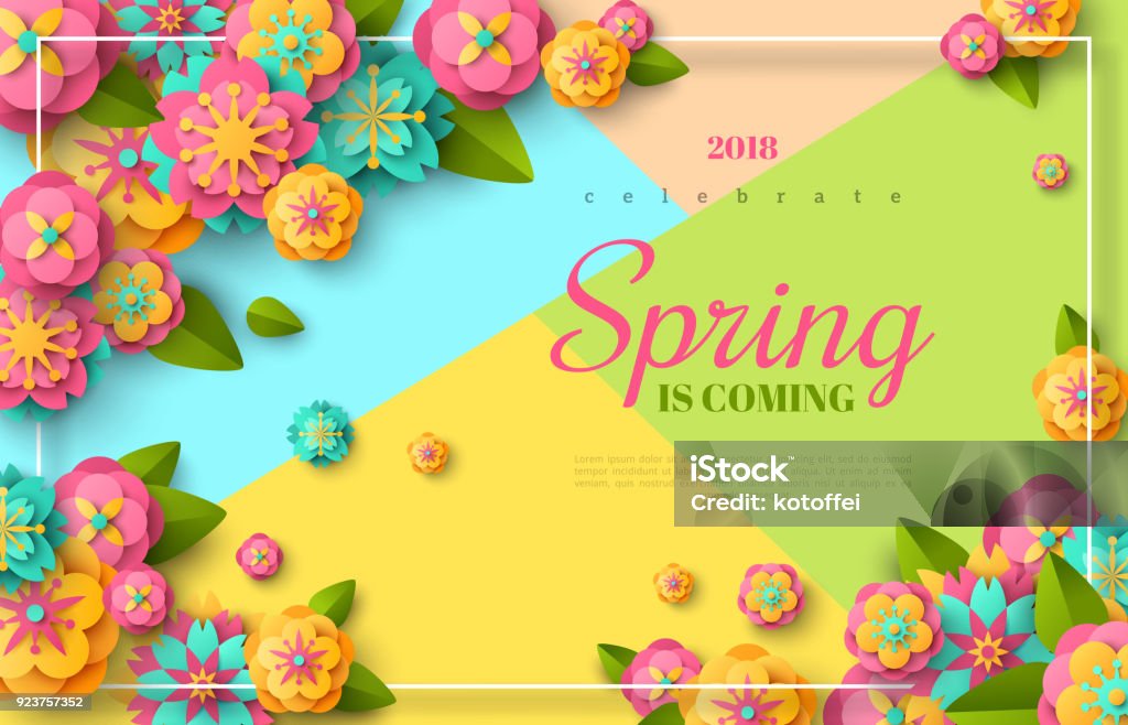 Spring sale flyer Spring sale flyer template with paper cut flowers and leaves with frame. Bright colorful geometric background. Vector illustration. Fresh design for posters, flyers, brochures or vouchers. Springtime stock vector