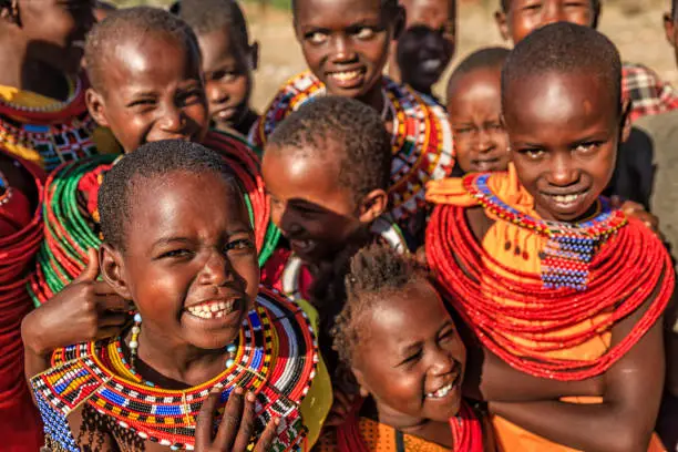 Photo of Group of happy African children from Samburu tribe, Kenya, Africa