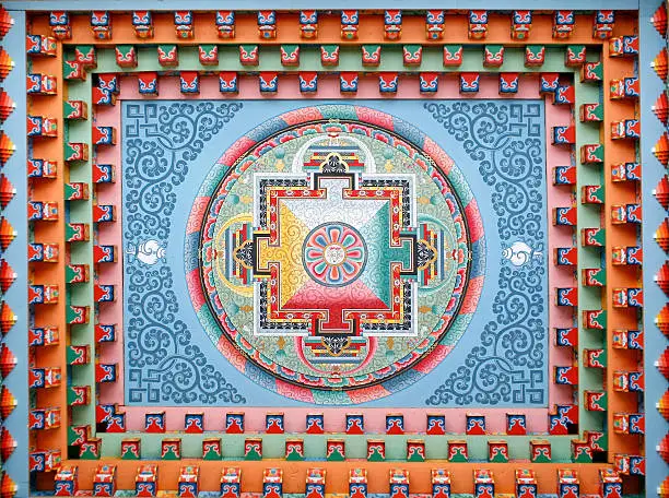 The villagers of Upper Pisang, Annapurna, Nepal, decided to build a new monastery rather than renovate their old one. This Tibetan mandala has been painted on the new monastery ceiling.