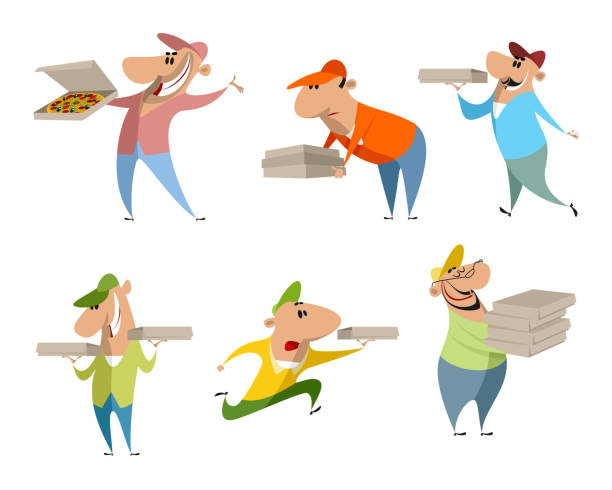 satz von sechs pizza zusteller - pizza delivering running men stock-grafiken, -clipart, -cartoons und -symbole