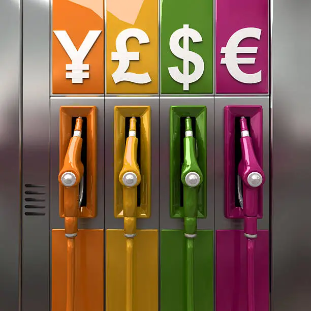 3D rendering of colorful fuel pumps with currency symbols