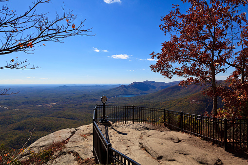 Caesars Head State Park in upstate South Carolina during the fall. Notice the telescope to view the counties of Greenville and Pickens and Table Rock Mountain.