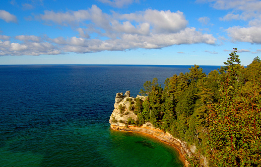 Aerial view of  Miners Castle rock Upper Peninsula Michigan US