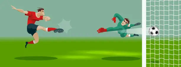 Vector illustration of Soccer Player Kicking Ball in stadium and scores a goal.