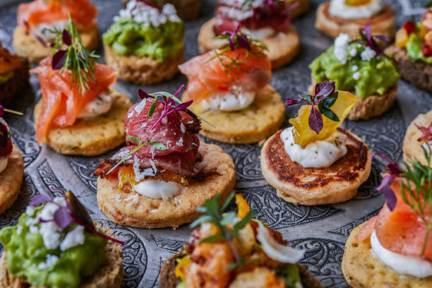 Canapes for party Different types of finger food canape stock pictures, royalty-free photos & images