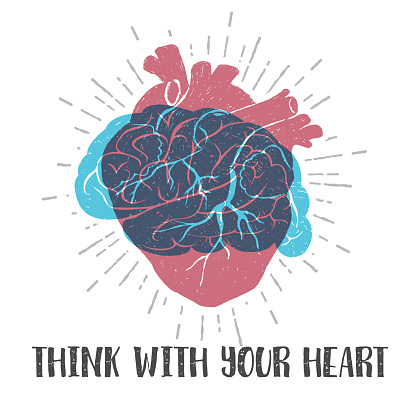 Hand drawn textured romantic poster with red human heart, blue brain, and inspiring lettering vector illustrations.