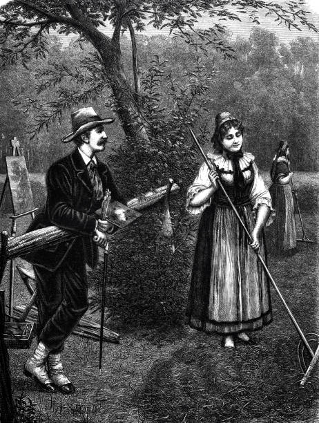 画家は、フィールドでの作業で農夫の妻を観察します。 - 1875点のイラスト素材／クリップアート素材／マンガ素材／アイコン素材