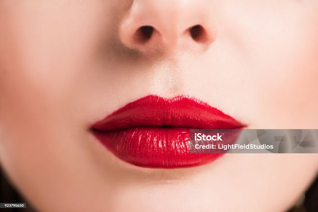 cropped image of woman with red lips and clean skin Human Lips Stock Photo