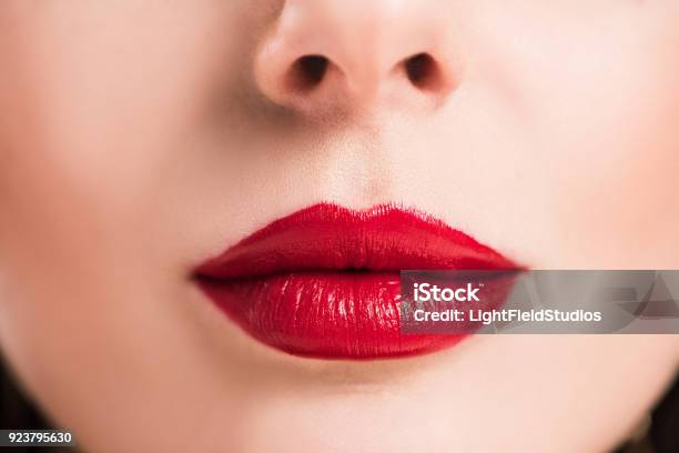 Cropped Image Of Woman With Red Lips And Clean Skin Stock Photo - Download Image Now