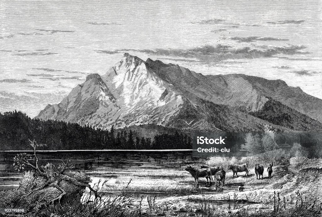 The Untersberg, seen from Salzburg Illustration from 19th century Mountain stock illustration