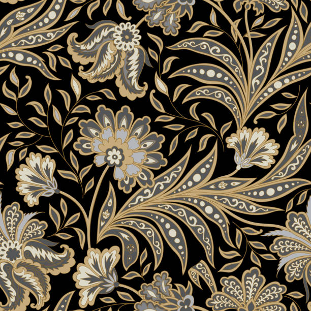 kwiatowy bezszwowy wzór. rozkwit orientalne pochodzenie etniczne. ornament z fantastycznymi kwiatami i liśćmi. wonderland rozkwit indyjskich wzorów tkanin. - paisley textile floral pattern pattern stock illustrations