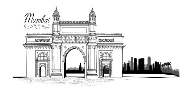 ilustrações, clipart, desenhos animados e ícones de cidade de mumbai, índia. horizonte urbano com silhueta de edifícios arranha-céus. fundo de viagens índia - bombaim