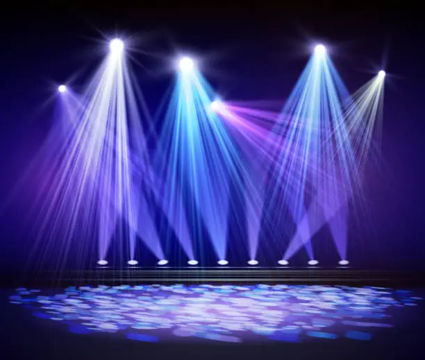 Vector illustration of Various stage lights in the dark. Spotlight on stage