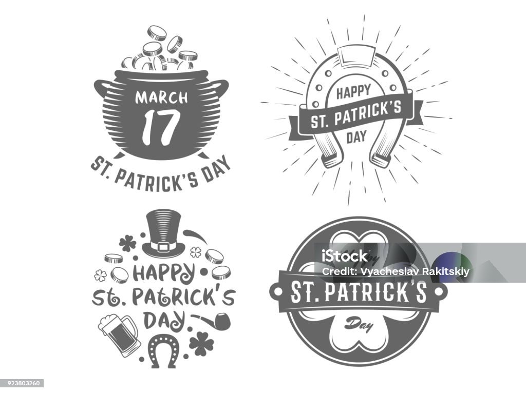 Vector St. Patricks day badges. St. Patricks day badges. Vector logos with clover, horseshoe, leprechauns hat, beer mug, pot with coins and other traditional symbols. Set of vintage holiday labels. Logo stock vector