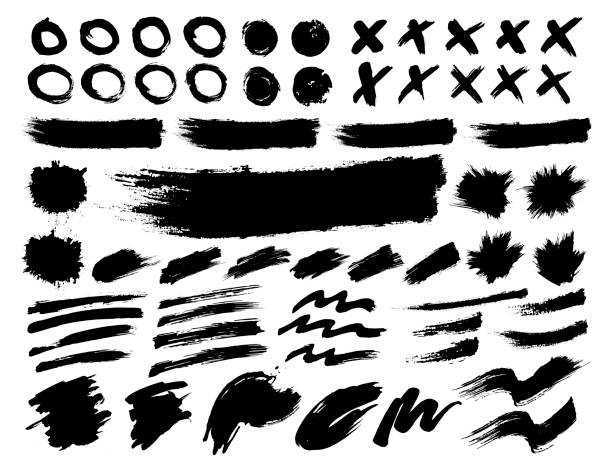 set of spots, lines, crosses, circles, banners and hand-painted lines. set of spots, lines, crosses, circles, banners and hand-painted lines. Isolated. Vector splatters and brush textures stock illustrations