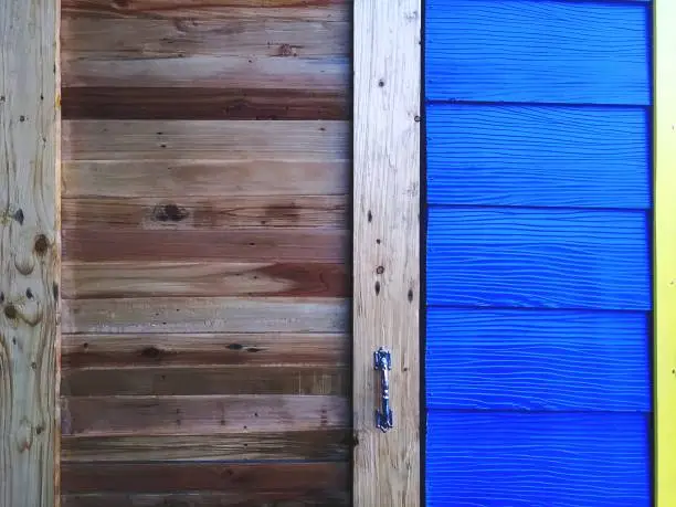 Close-up Front of Wooden Plank Door and Blue Plank Wall