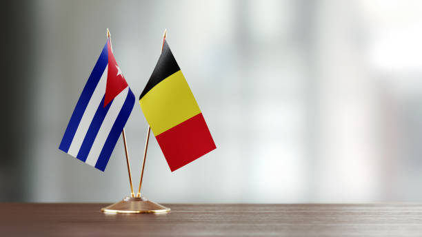 istock Belgian And Cuban Flag Pair On A Desk Over Defocused Background 923810018