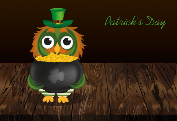 ilustrações de stock, clip art, desenhos animados e ícones de an owl in a national costume for a patrician's day holds a pot of gold. greeting card for the holiday with a blank space for text or advertising. invitation. vector on wooden background - owl clover