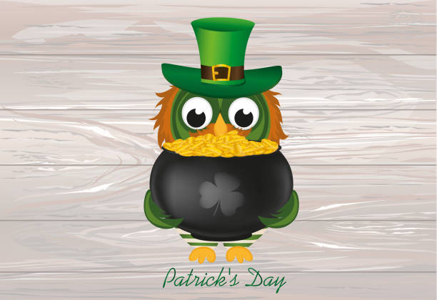 ilustrações de stock, clip art, desenhos animados e ícones de an owl in a national costume for a patrician's day holds a pot of gold. greeting card for the holiday with a blank space for text or advertising. invitation. vector on wooden background - owl clover