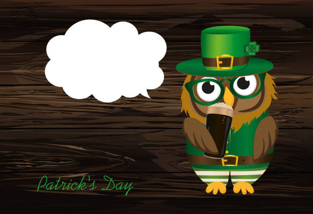 ilustrações de stock, clip art, desenhos animados e ícones de owl drink dark beer in a glass in national costume at patrick's day holding hands. greeting card with owlet. free space for your ad or text. vector illustration on wooden background. thought bublles - owl clover